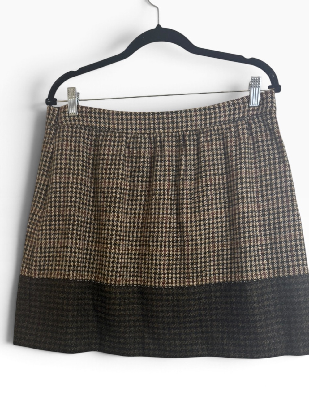 J.Crew Lambswool Houndstooth Mini Skirt Brown Black 100% Wool Border FA12 Sz 14